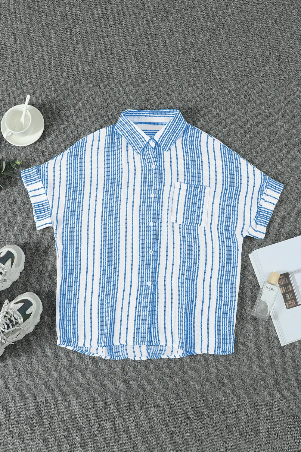 V Neck Stripes Roll Up Shirt