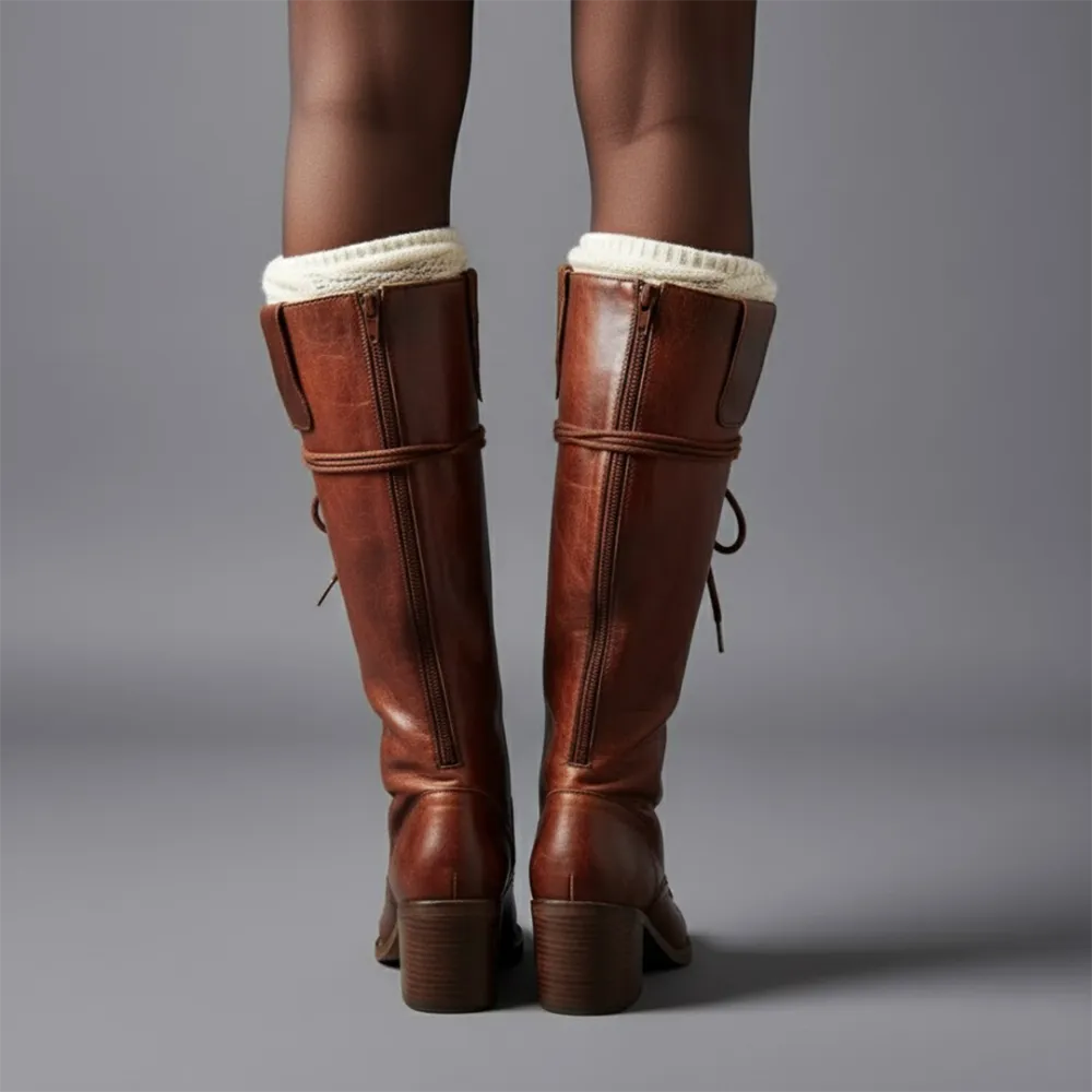 Lace Up Knee Tall Boots Block Heel Modern Tall Combat Boots