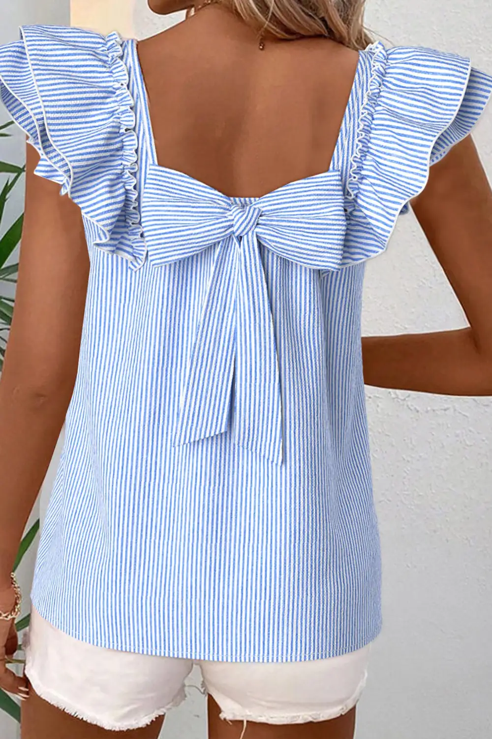 Women's Striped Short Sleeve Frilled Top