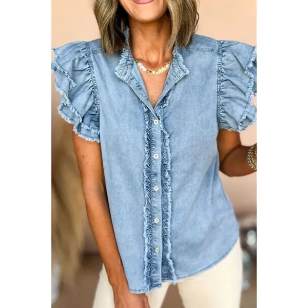 Button-Down Raw-Hem Ruffled Denim Shirt