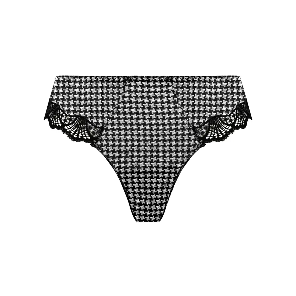 Women's High Cut Elastic Waistband Cotton Gusset Scalloped Lace Jacquard Cotton Checkered Lightweight Soft Fabric Stretch Fit Tanga Panty