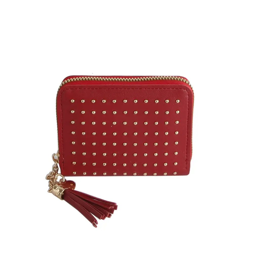 Studded Tassel Accent Faux Leather Zip Wallet