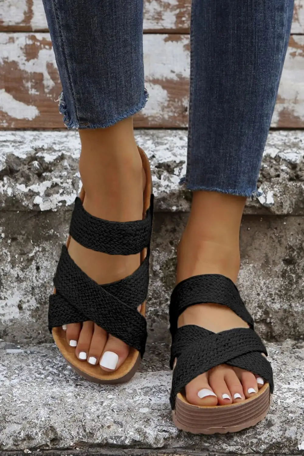Woven Crossband Cutout Slip-On Platform Sandals
