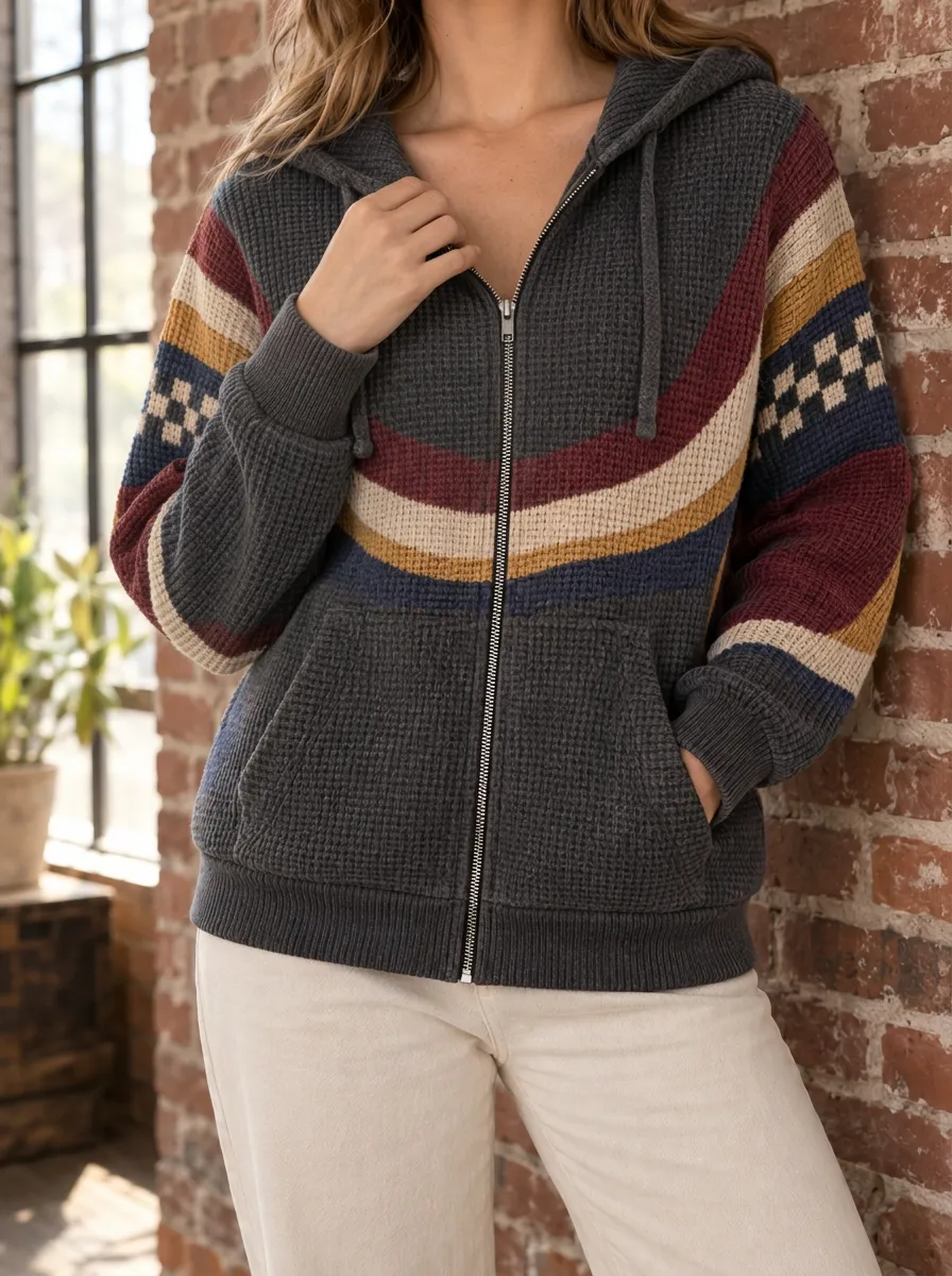 Women's Boho Striped Signature Design Waffle Zip-Up Hoodie
