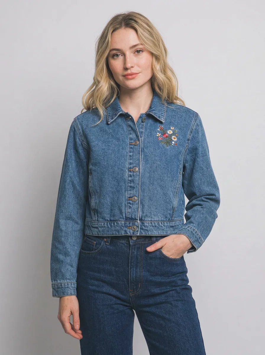Women's Blue Denim Cropped Wildflower Embroidered Jacket