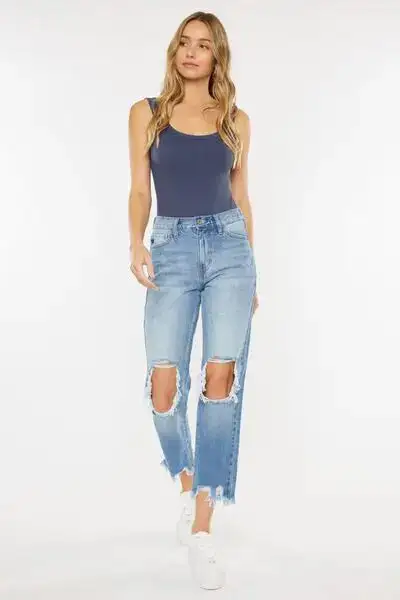 High Waist Chewed Up Straight Mom Denim Jeans