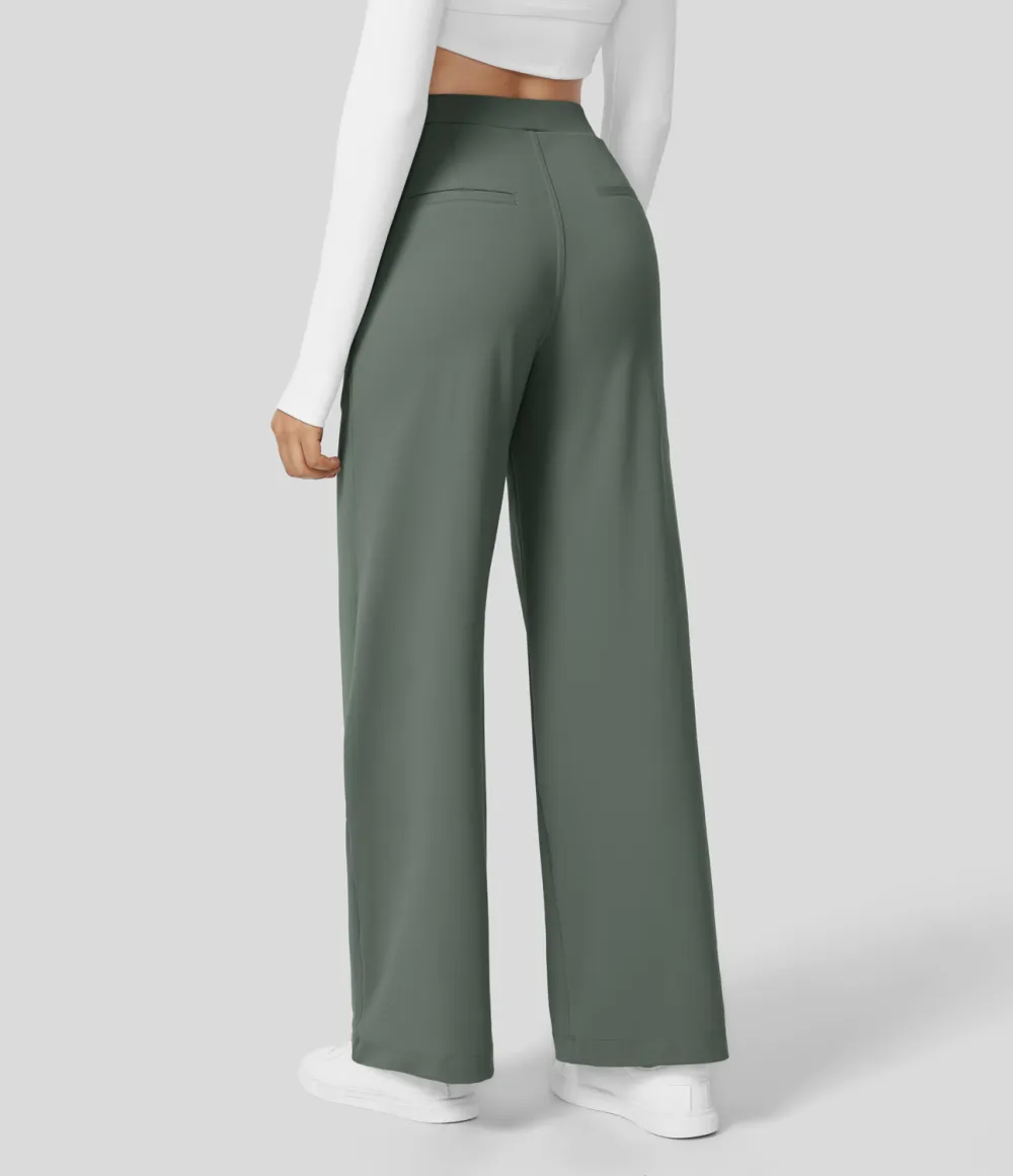 2026🔥  High Waisted Plicated Side Pocket Straight Leg Work Pants