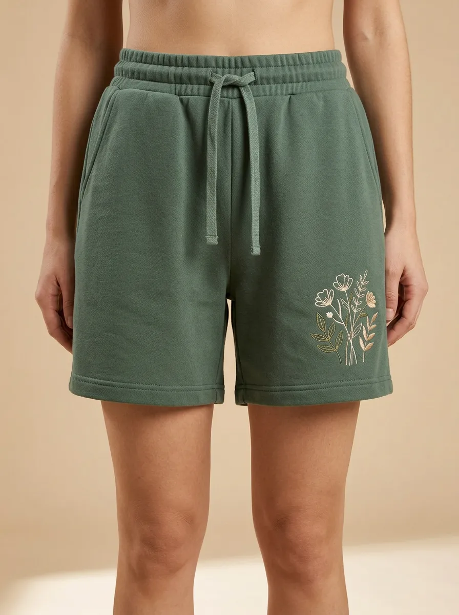 Women's Botanical Line-Art Embroidered Shorts