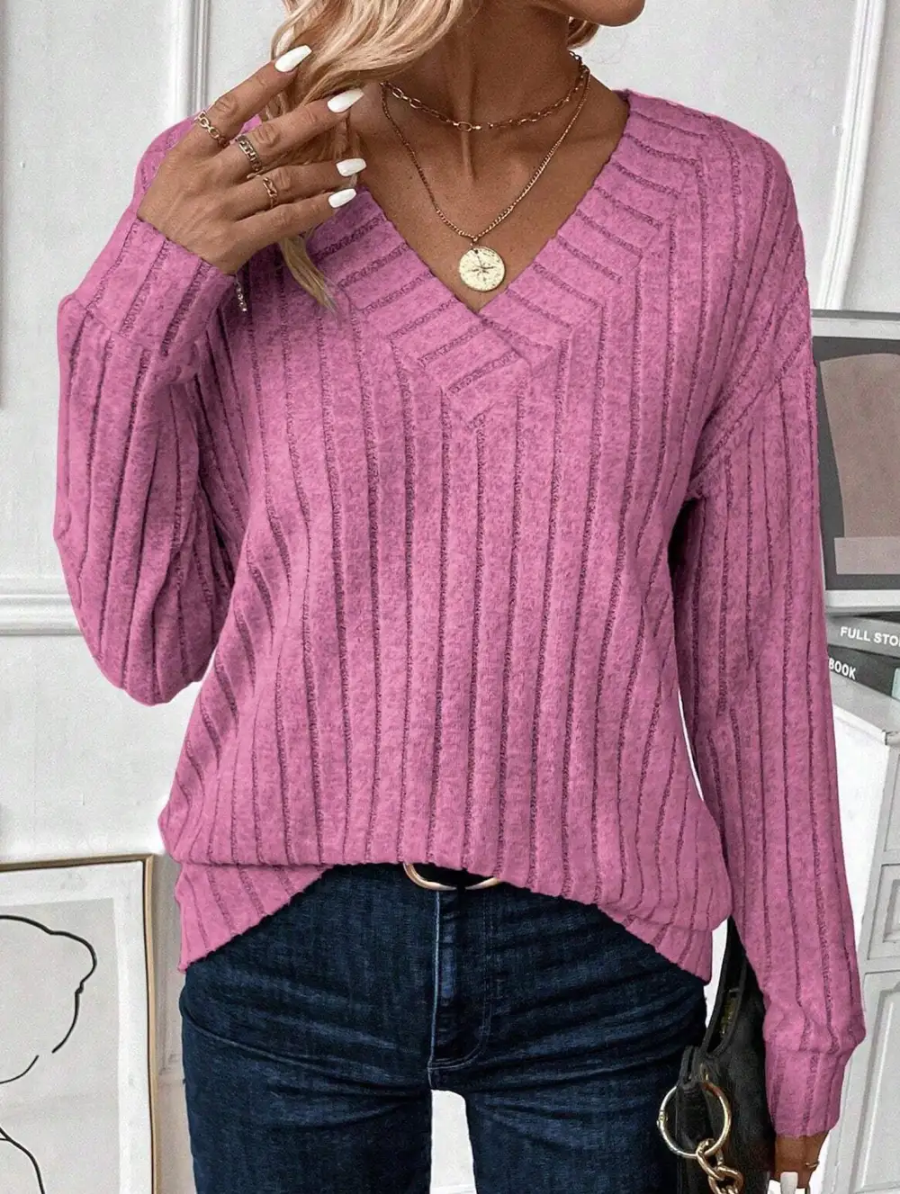 V-Neck Knit Long Sleeve Top
