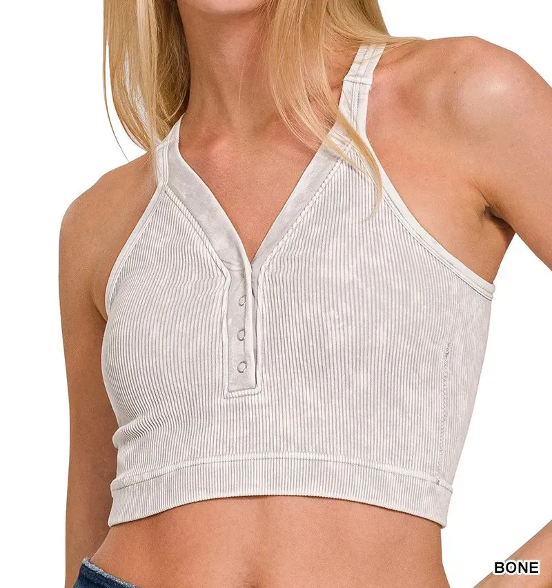 Ari Washed Ribbed Seamless Button V Neck Tank