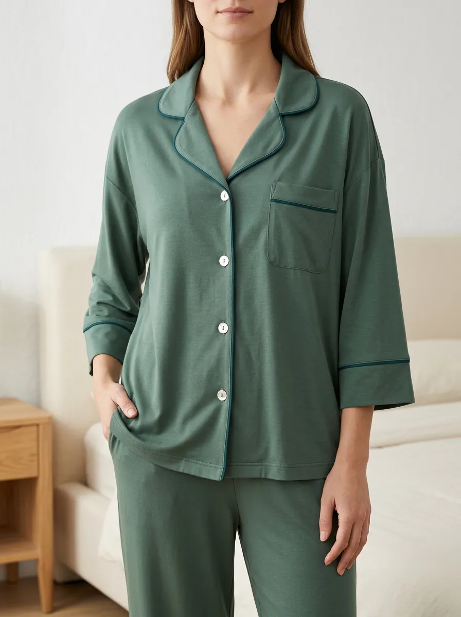 Button Front Collared Relaxed Pajama Top
