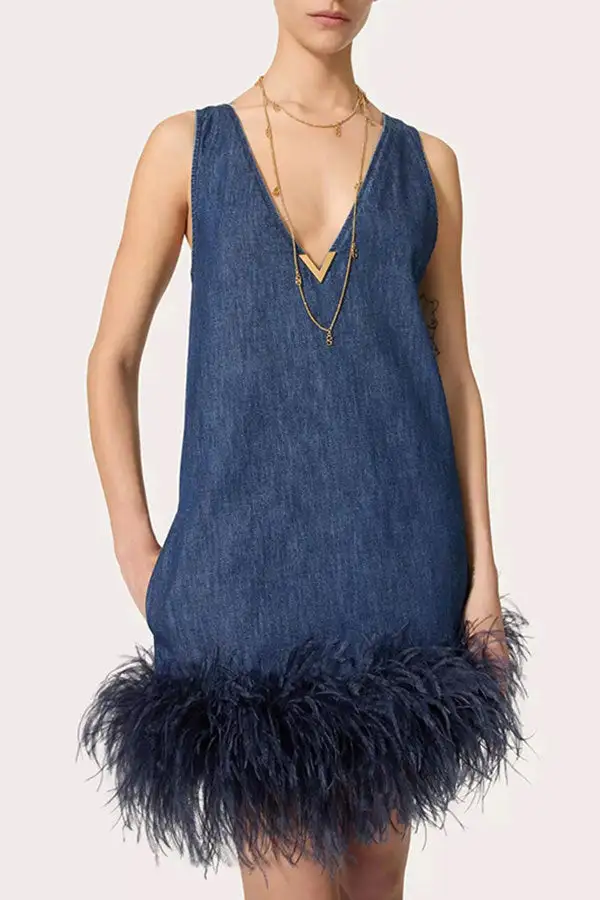 Blue Feather Trim Denim Mini Dress