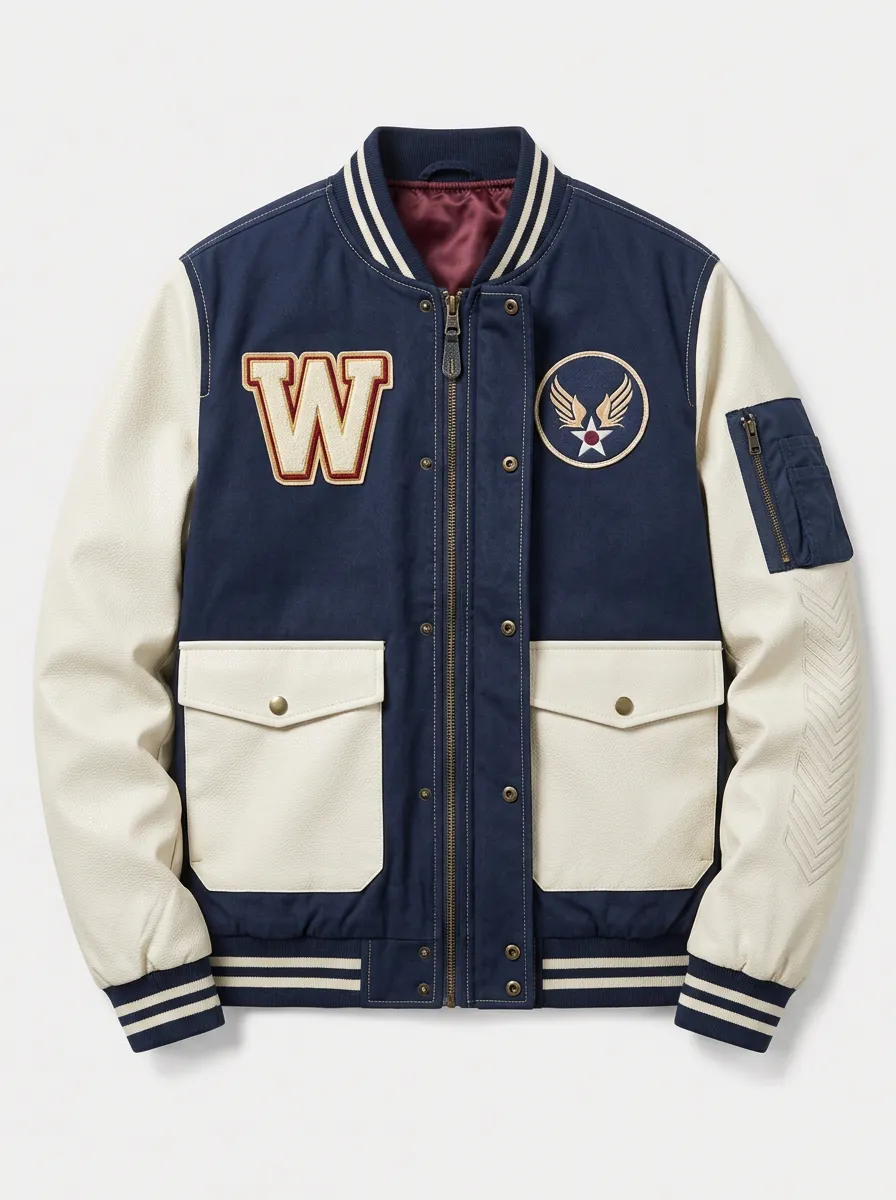 Men's Military Aviation W-Letter Patchwork Printed Varsity Jacket