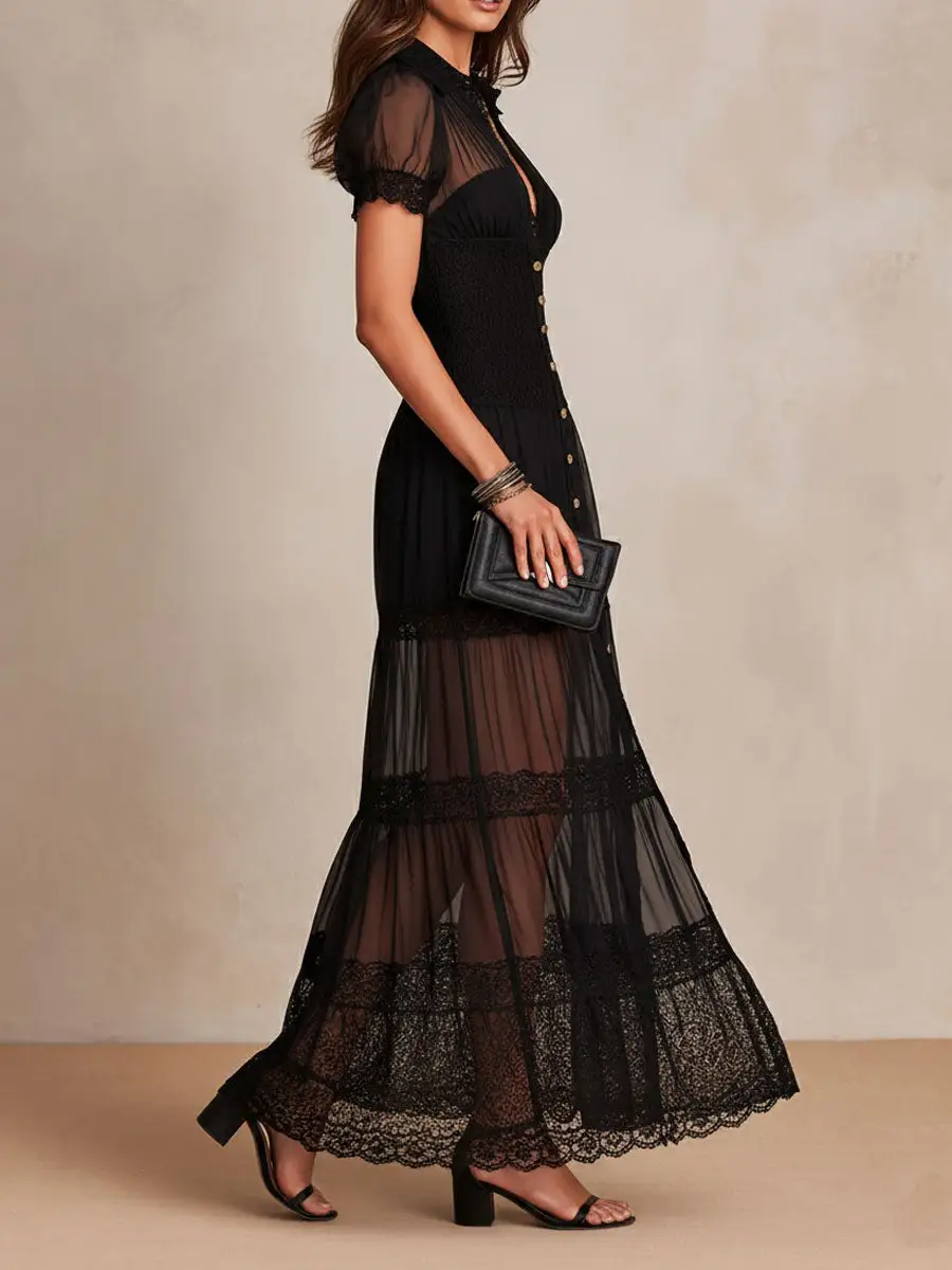 Lace Boho Check Pattern Maxi Dress