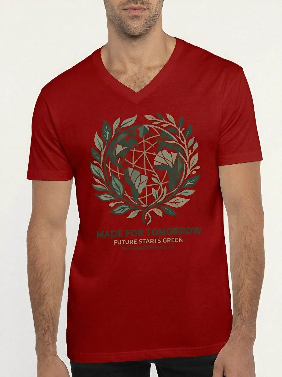 Men's Eco-Conscious Earth Leaf Globe Printed V-Neck T-Shirt