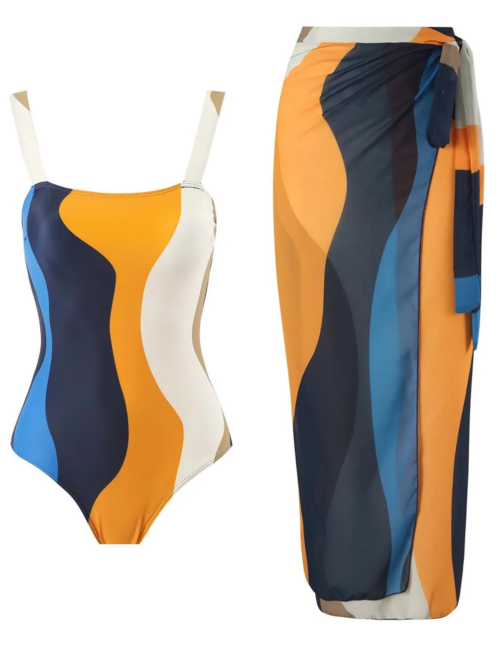 Striped Print One Piece Swimwear with Sarong