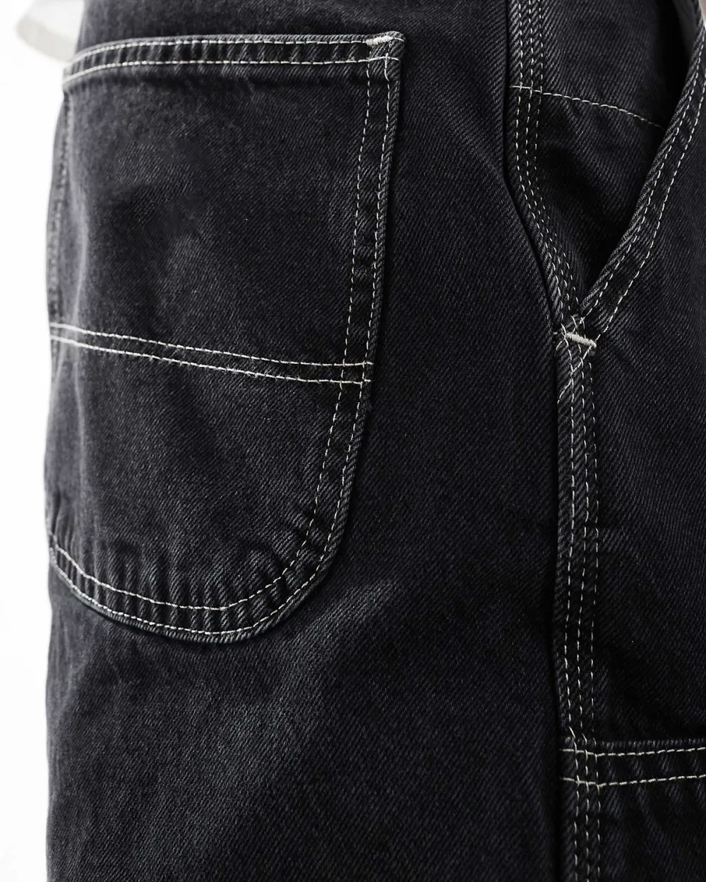 Baggy Fit Double Knee Denim Jeans In Sashed Black