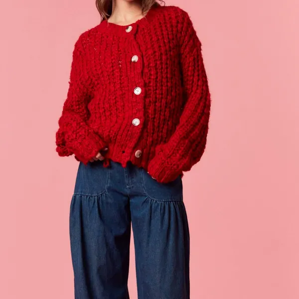 Chunky Knit Button Front Dropped Shoulder Cardigan