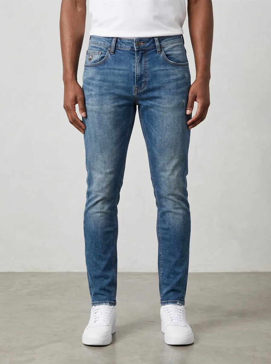 Men's Mid-Blue Casual Distressed Blue Denim Slim Fit Jeans