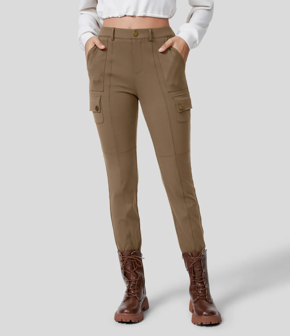 High Waisted Button Zipper Multiple Pockets Solid Skinny Cargo Pants