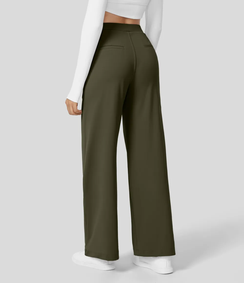 2026🔥  High Waisted Plicated Side Pocket Straight Leg Work Pants