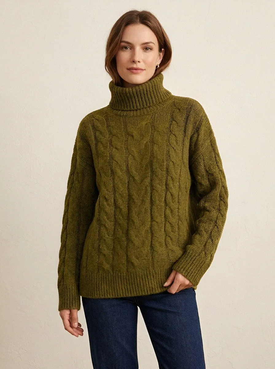Women's Casual Winter Grey Cable Knit Turtleneck Sweater