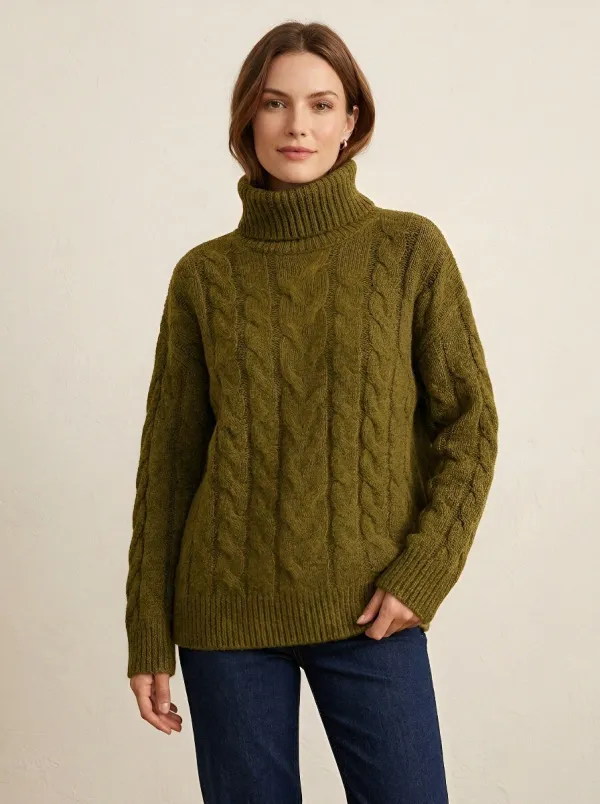 Women's Casual Winter Grey Cable Knit Turtleneck Sweater