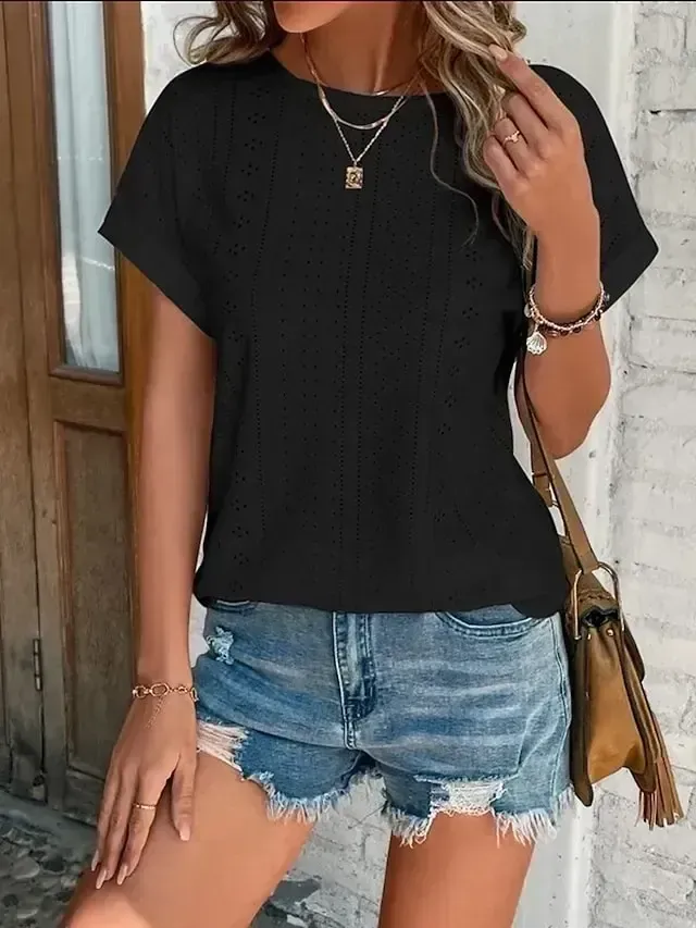 Women's T shirt Tee White Eyelet Tops Light Blue Black White Plain Cut Out Short Sleeve Daily Weekend Basic Round Neck Regular Cotton S