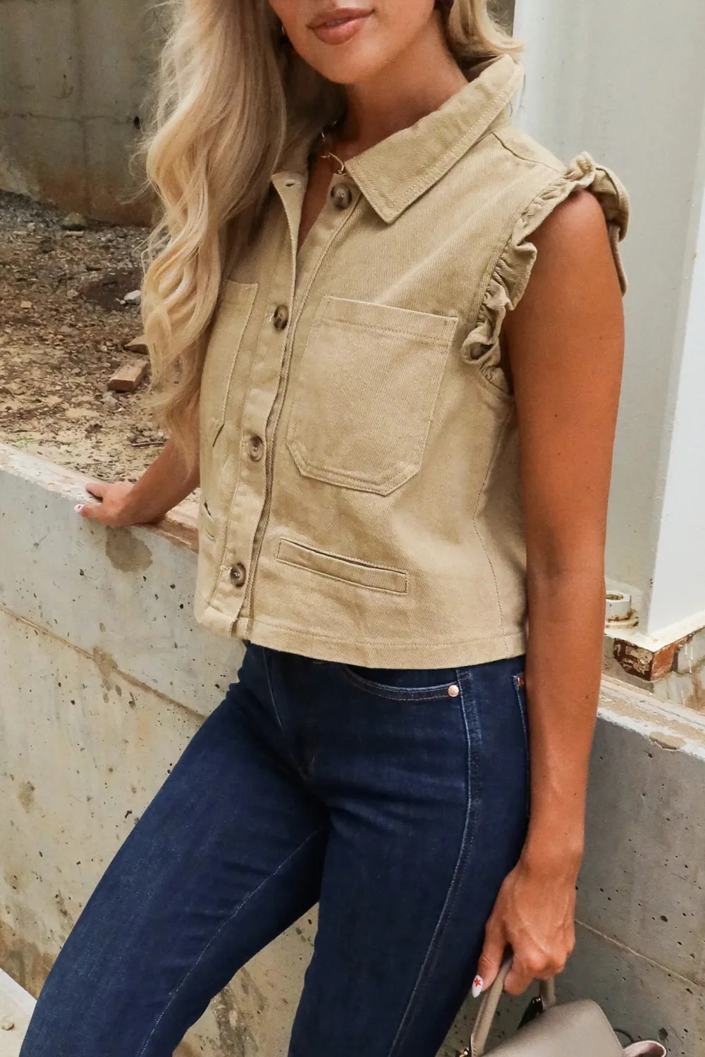 Plain Lapel Vest With Pockets
