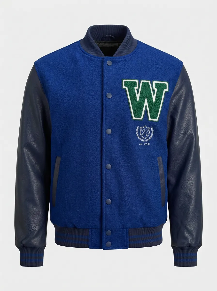 Men's Letter W Emblem Embroidered Wool Baseball Jacket