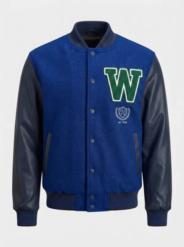 Men's Letter W Emblem Embroidered Wool Baseball Jacket