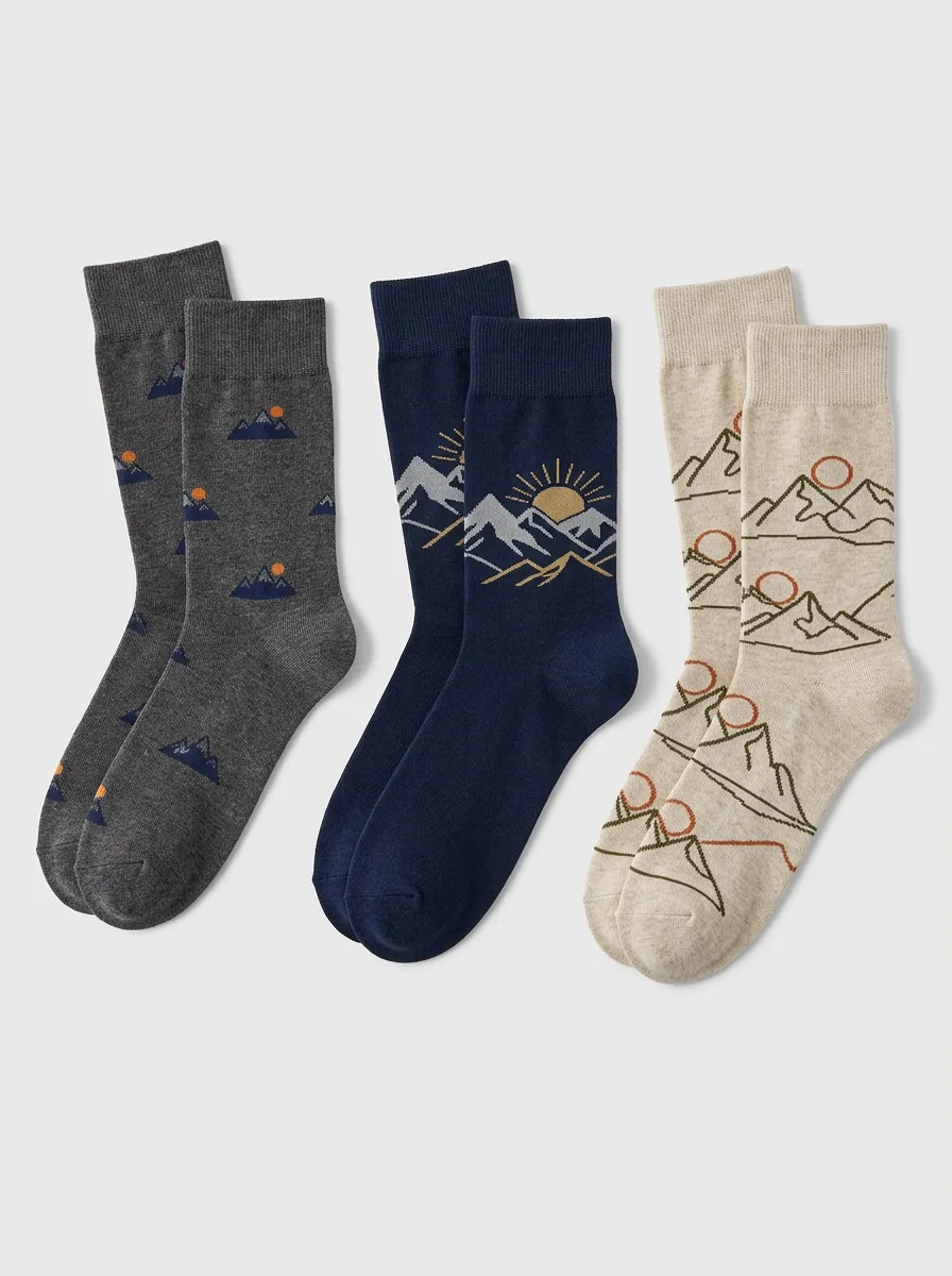 Men's 3-Pair Assorted Mountain Sunrise Crew Sock Set
