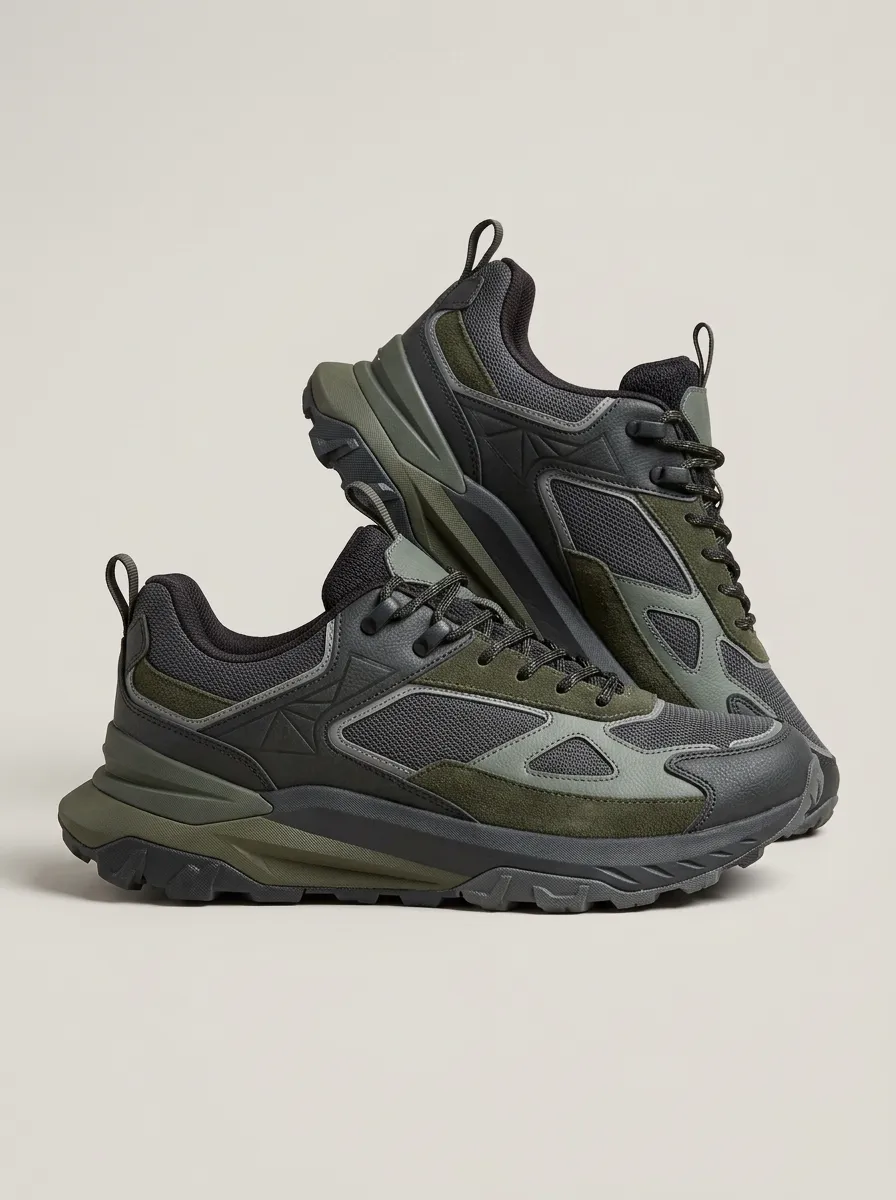 Casual Hiking-Inspired Suede-Panel Mesh-Panel Casual Sneakers