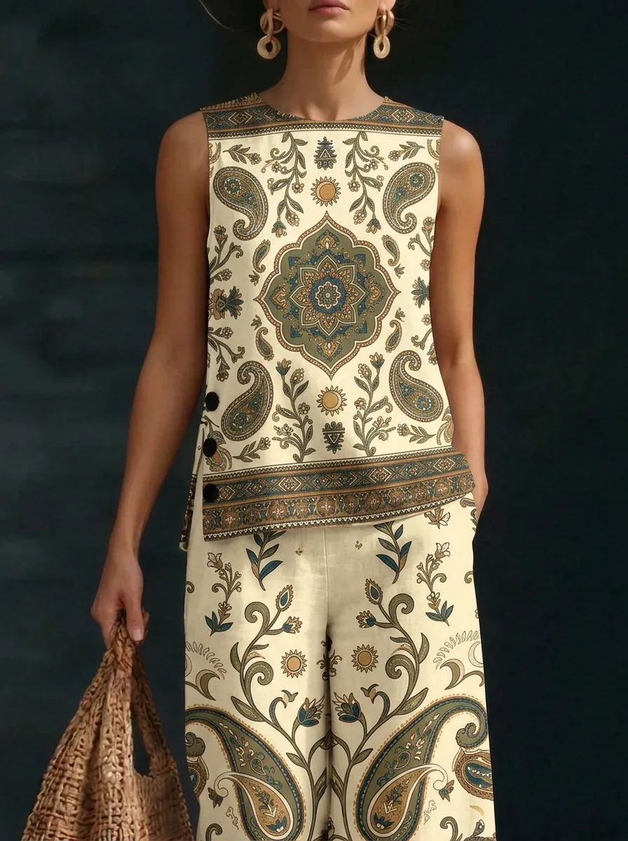 Women's Bohemian Paisley Floral Printed Sleeveless Set