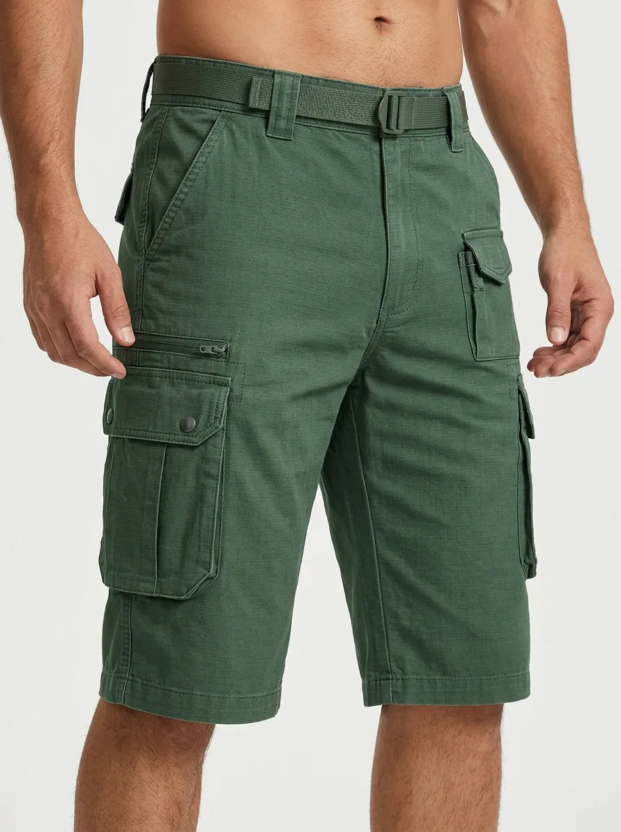 Men's Multi-Pocket Webbing-Belt Cargo Shorts