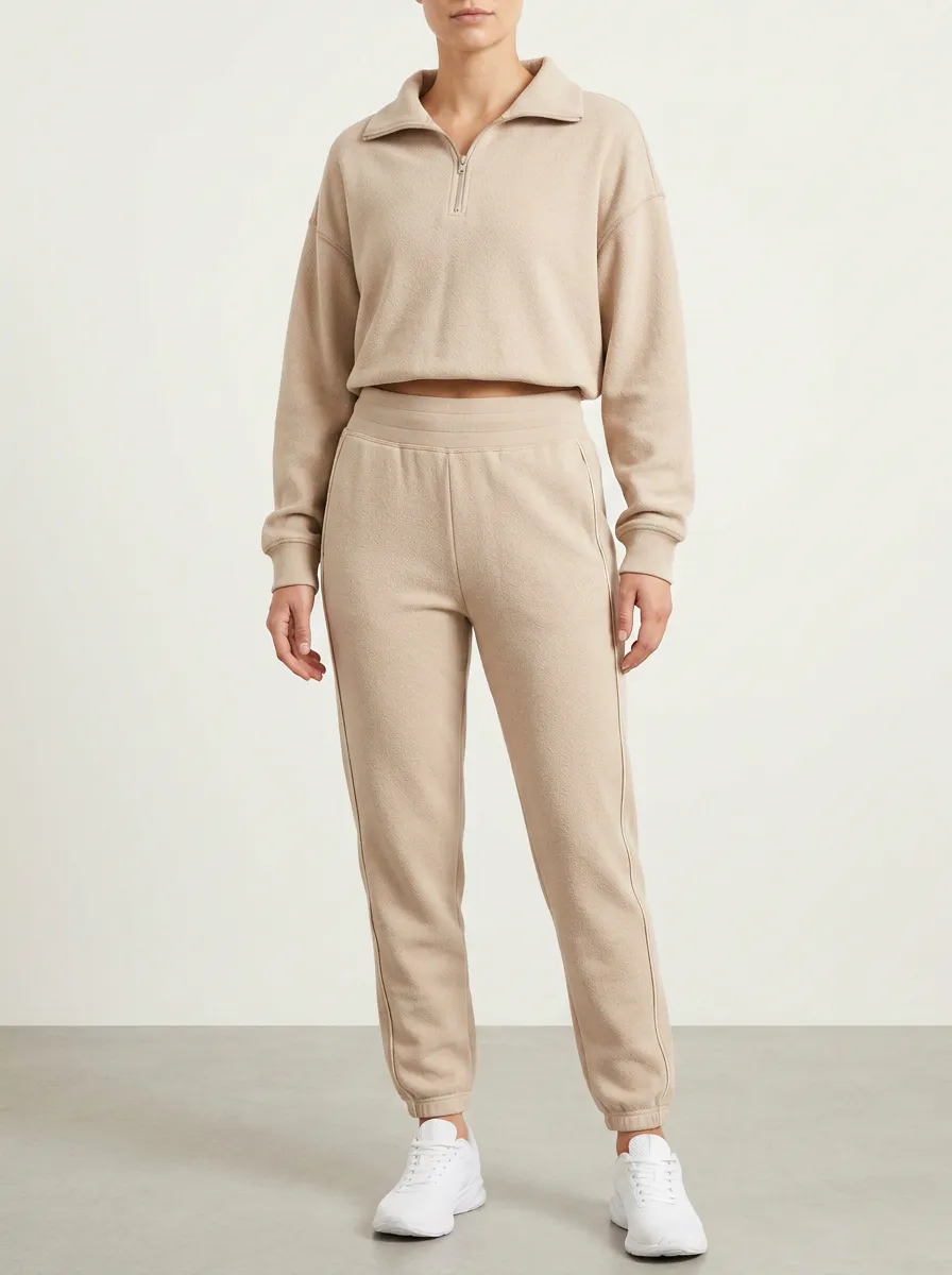 Women's Casual Beige Fleece Quarter-Zip Jogger Set