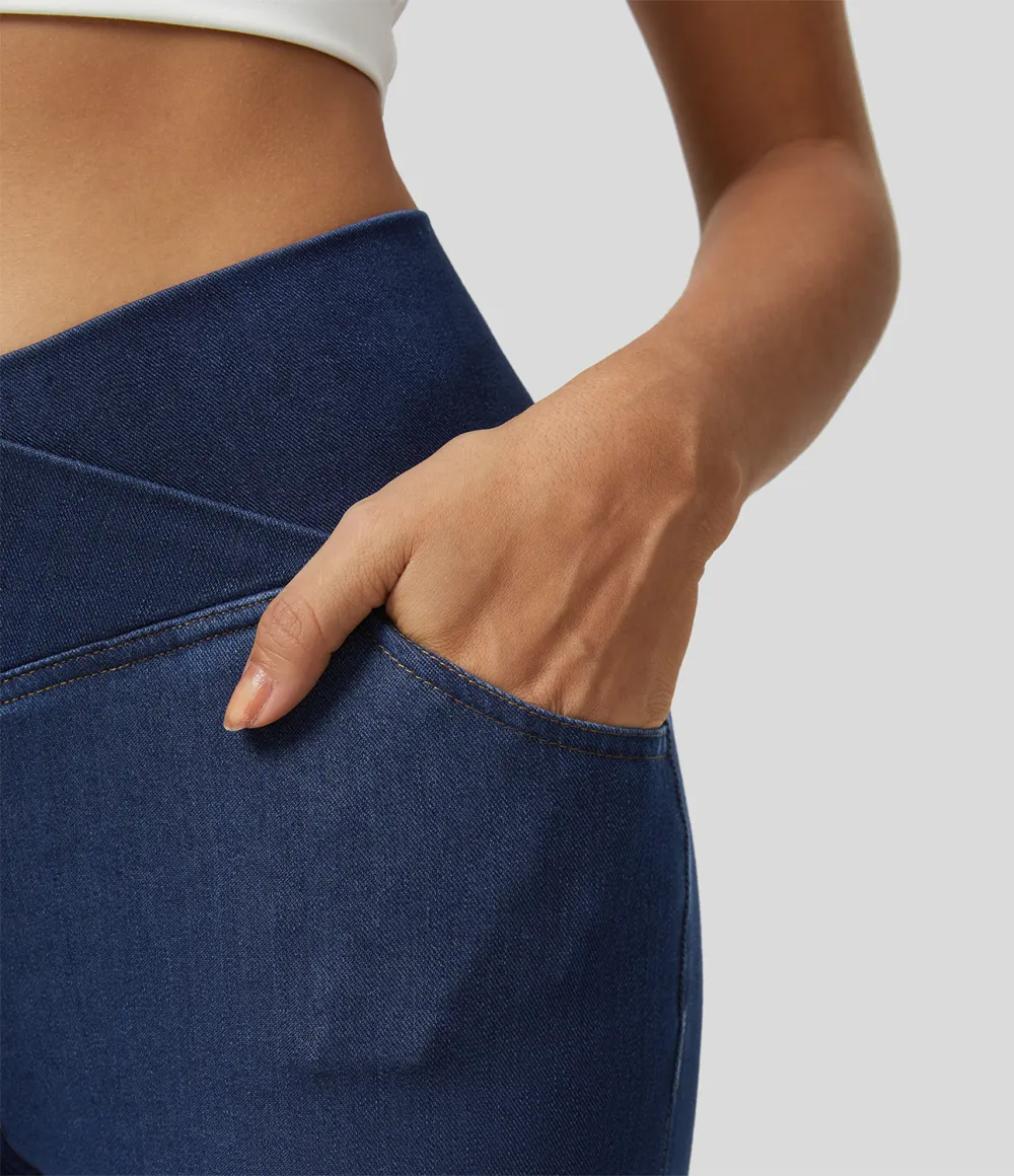 Magic High Waisted Crossover Pocket Cool Touch Washed Stretchy Knit Casual Super Flare Jeans