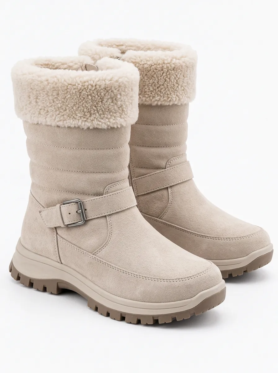 Women’s Cozy Beige Buckle Strap Cold Weather Boots