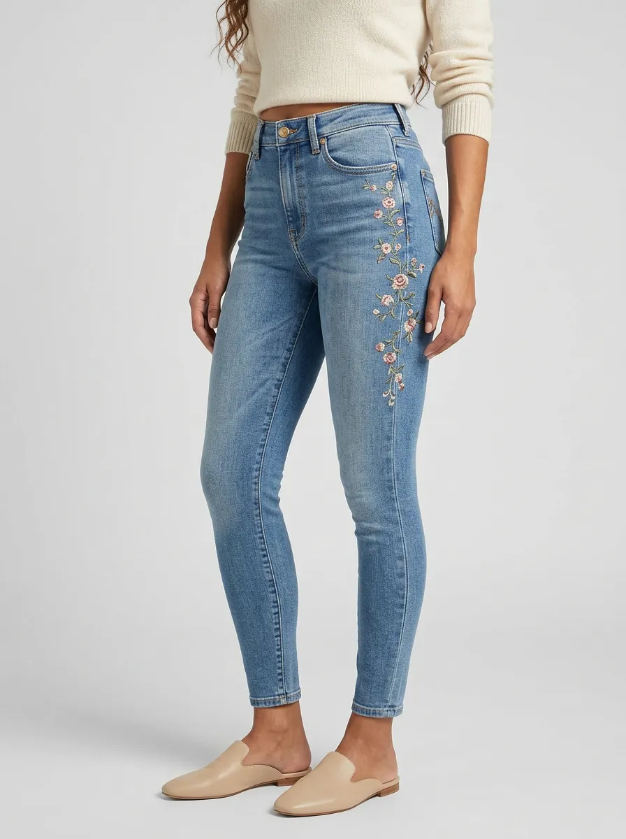 Women's Floral Vintage Rose Embroidered Slim Jeans