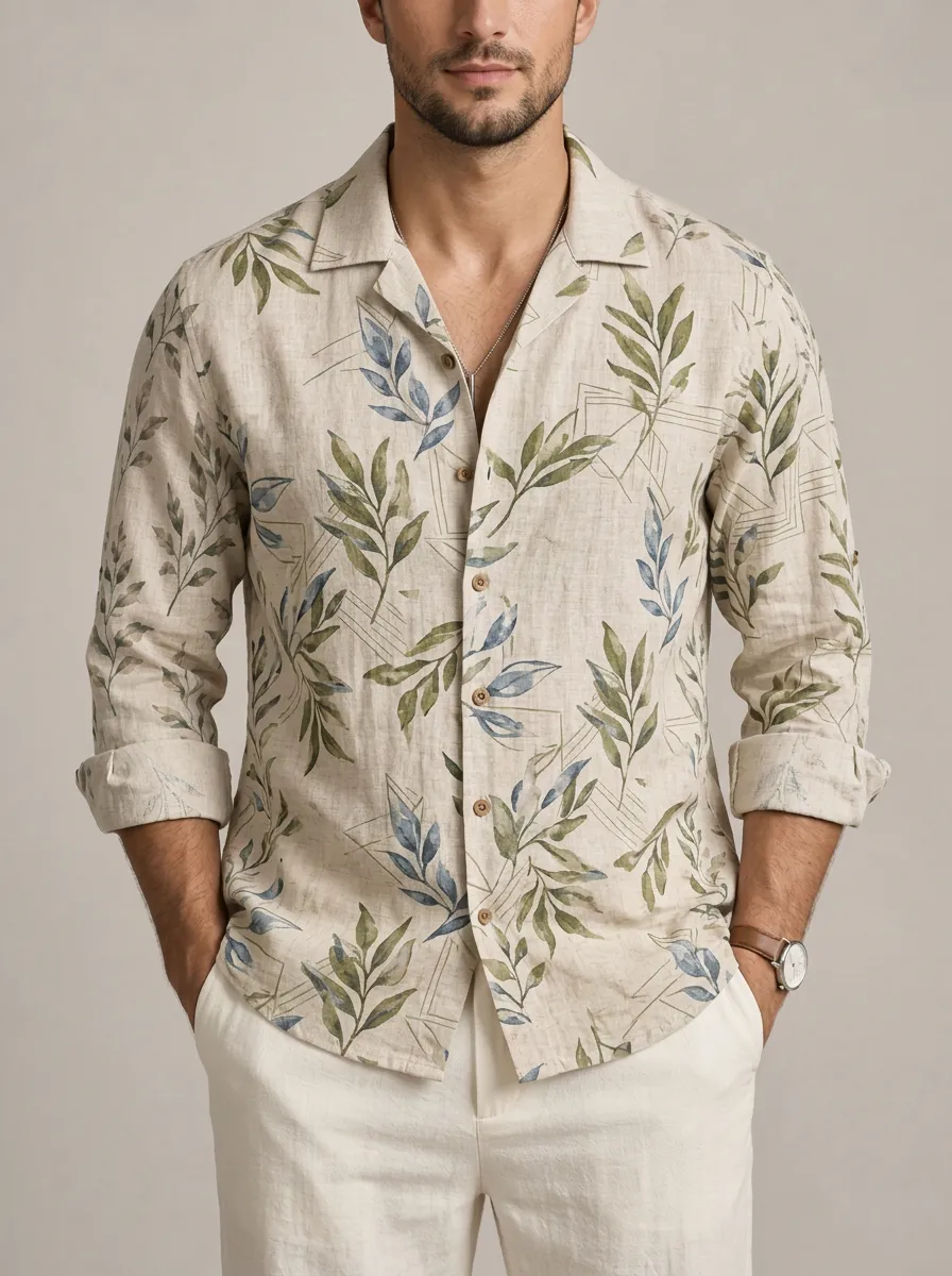 Men's Botanical Geometric Printed Linen Shirt