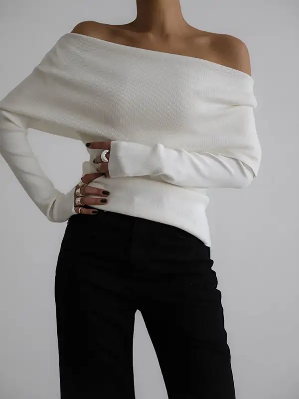 Off Shoulder Long Sleeve Relaxed Fit Pullover Sweater