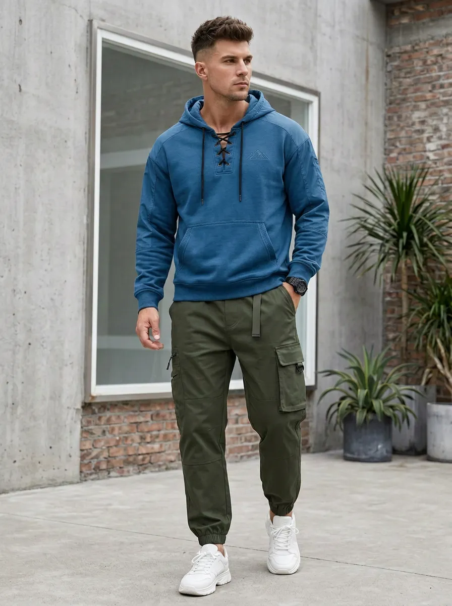 Urban Lace-Up Mountain Graphic Edit Men's Lace Up Hoodie And Cargo Jogger Set