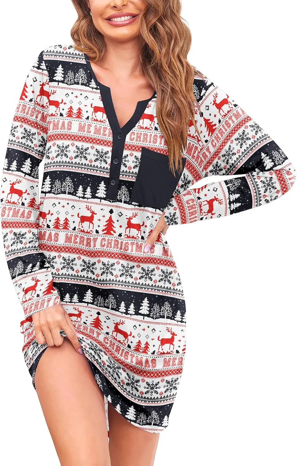 Ekouaer Women's Nightgowns Long Sleeve Button Down V Neck Pajama Dress