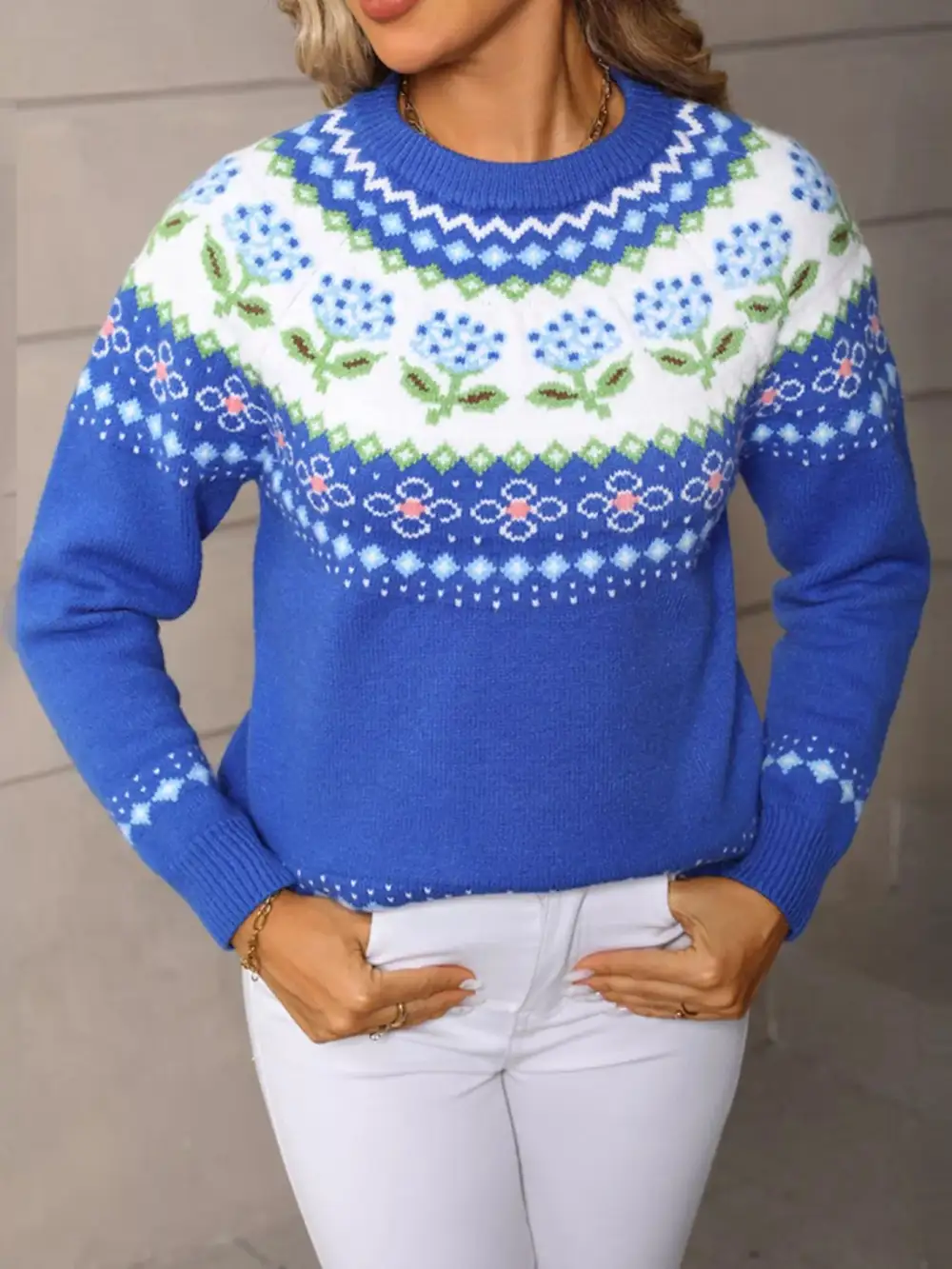 Floral Pattern Crew Neck Sweater