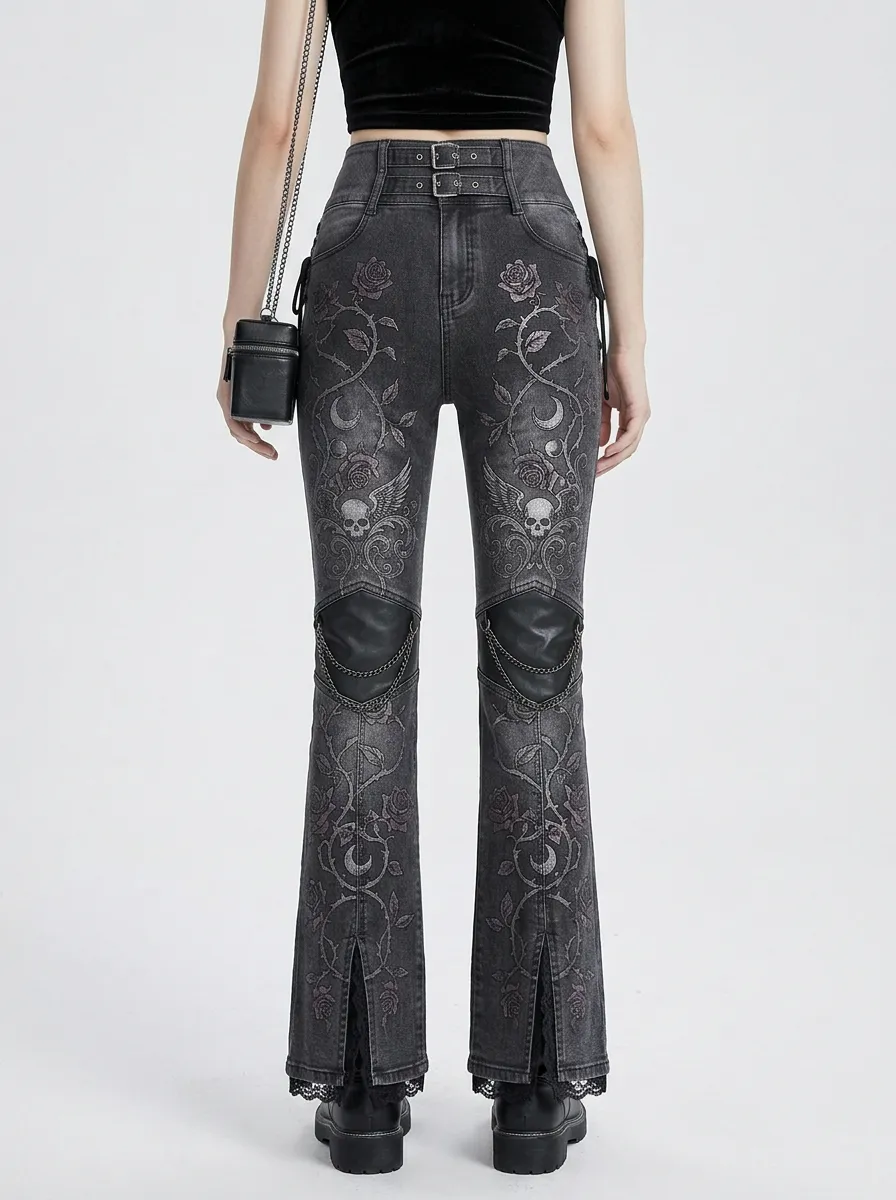 Alternative Skull Rose Moon Look Women's Gothic Flare Jeans