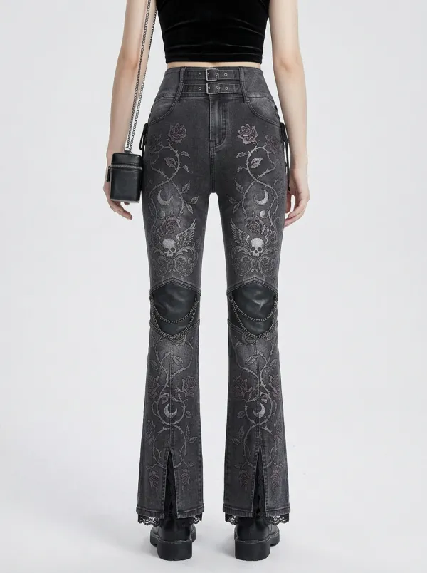 Alternative Skull Rose Moon Look Women's Gothic Flare Jeans
