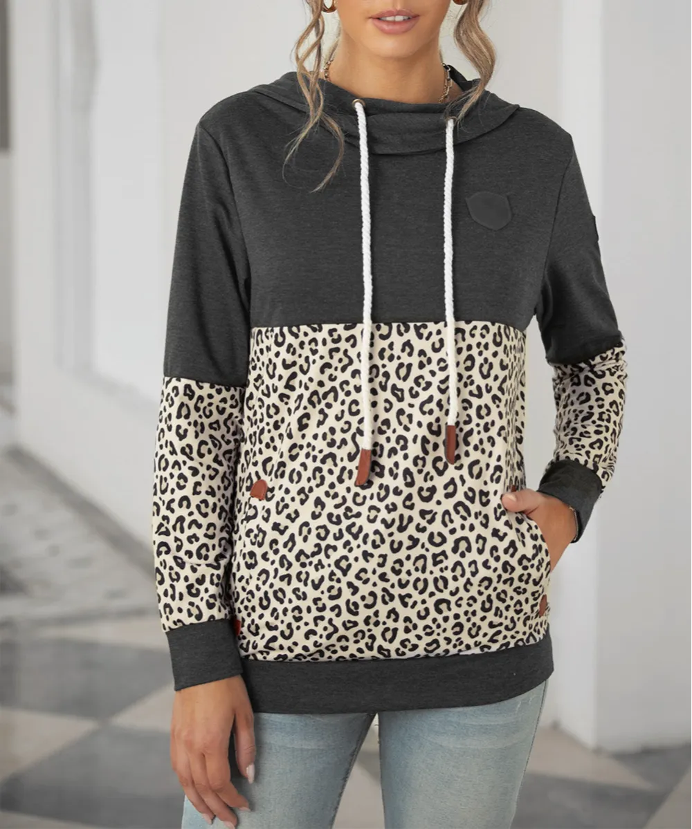 Animal Print Splicing Cowl Neck Drawstring Hoodie