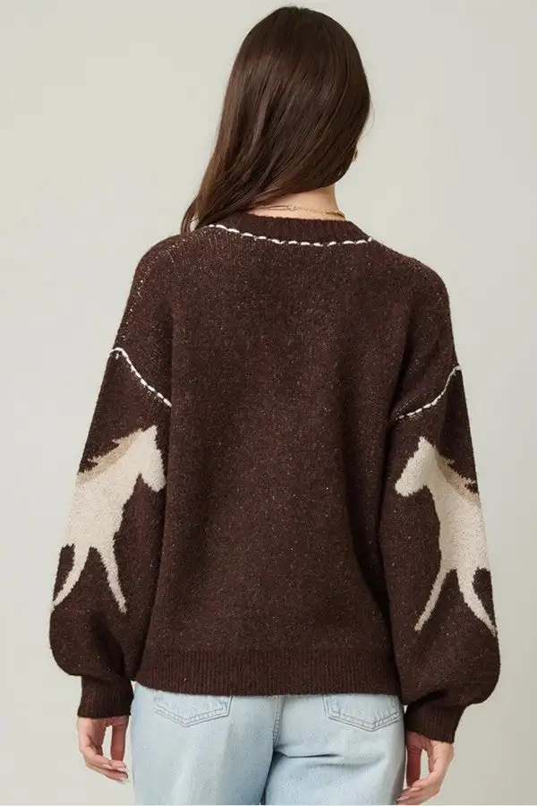 Women's Brown Horse Pattern Knit Cardigan
