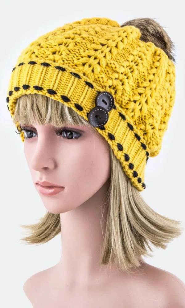 Button Accent Beanie With Faux Fur Pom
