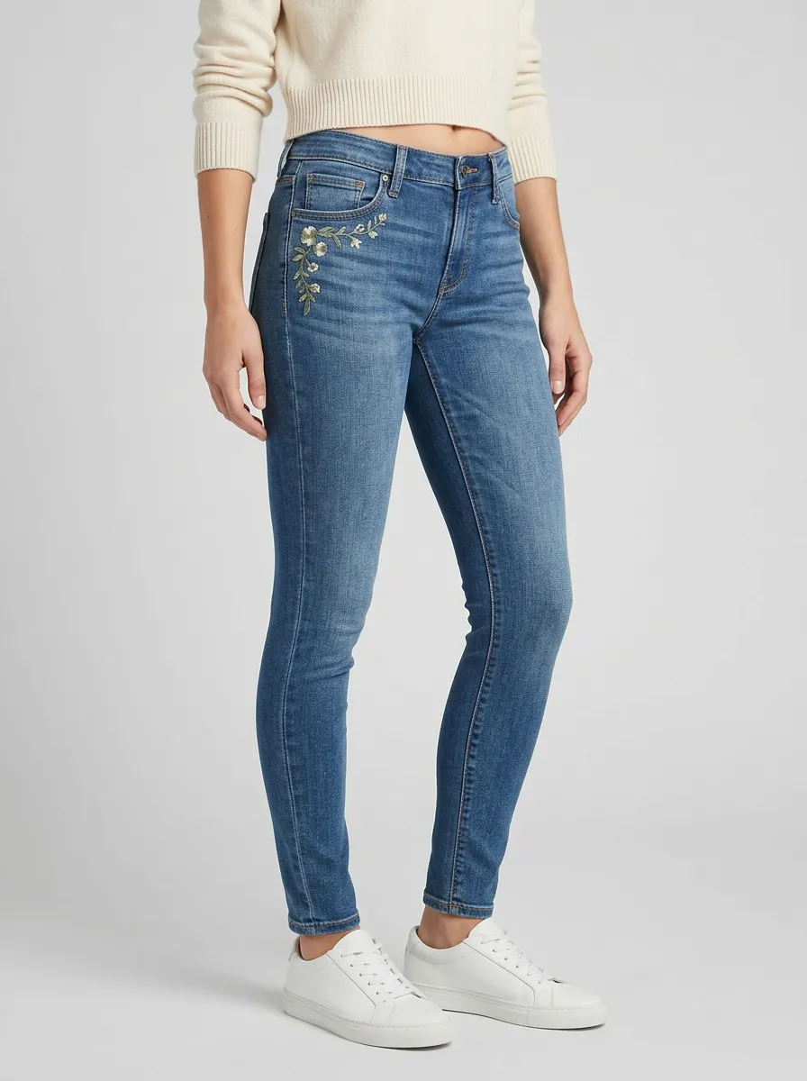 Women's Floral Embroidered Flower Printed Slim Jeans
